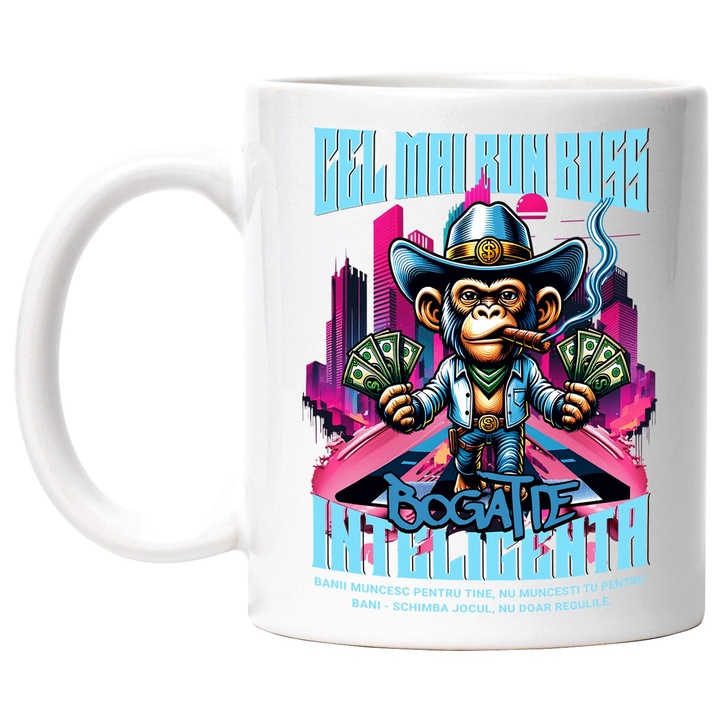 Cana CEL MAI BUN BOSS, 330ml, Ceramic cu Maner Alb