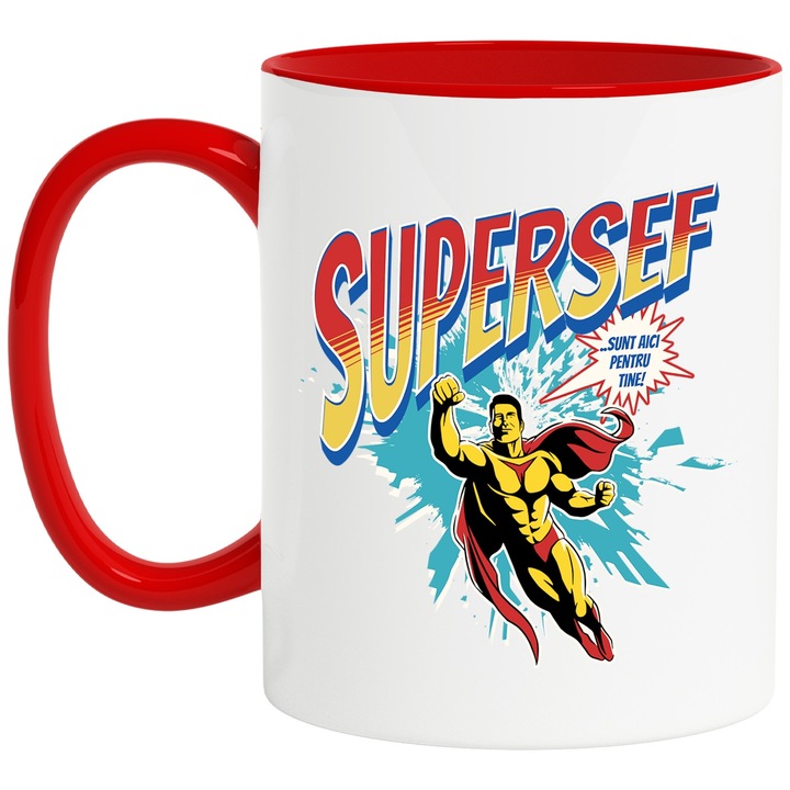 Cana Super Sef Boss Super Erou, Sunt Aici Pentru Tine, 330ml, Ceramic cu Maner Rosu