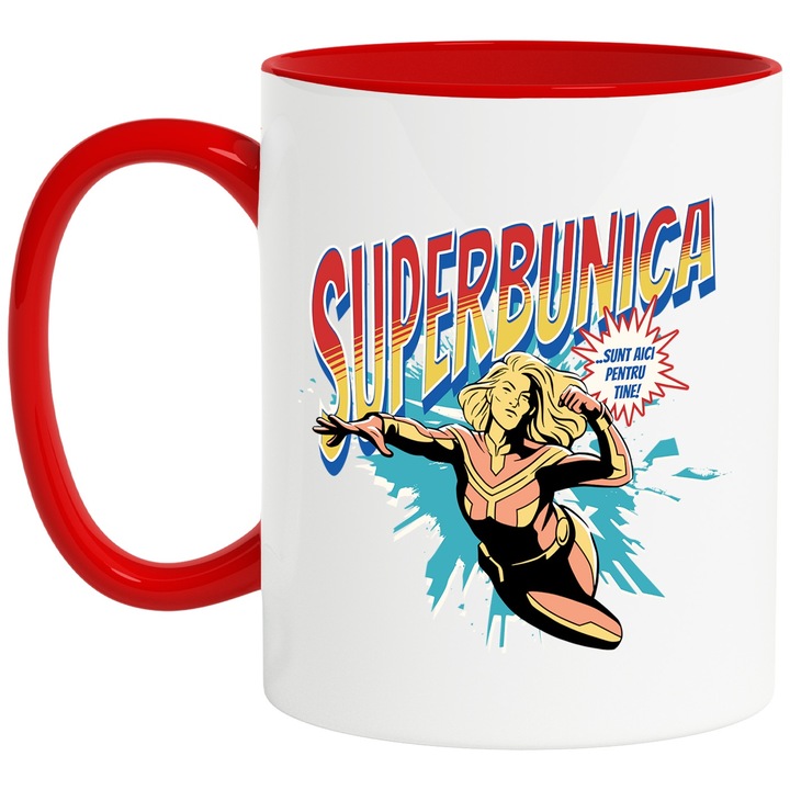 Cana Super Bunica, SuperErou Sunt Aici Pentru Tine, 330ml, Ceramic cu Maner Rosu