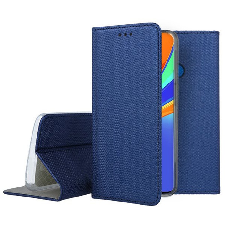 Калъф за книга, съвместим с Oppo Reno 12F, G-Tech Flip Book, магнитно затваряне, джоб за карта, първокласна стойка, тъмно син