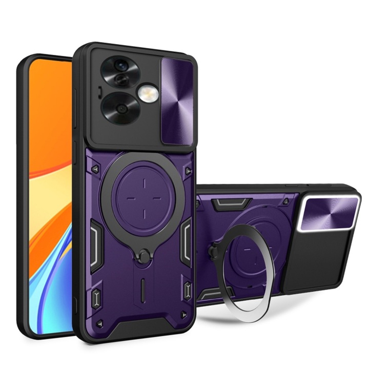 Капак за Oppo A79 5G със защита на камерата и интегрирана магнитна опора Ring Shockproof лилав
