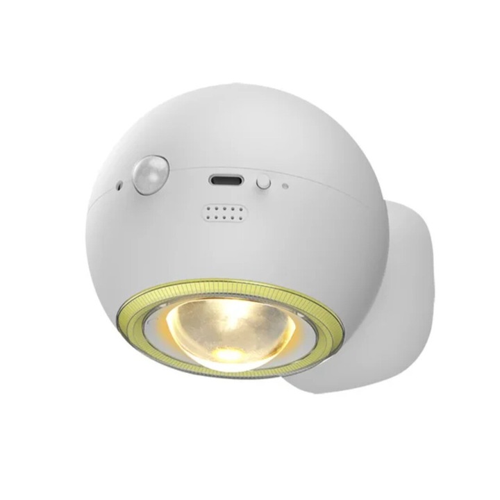 LED fali lámpa, 3 világítási mód, kivehető, USB típusú C töltés, távirányító, mozgásérzékelő, 360°-ban elforgatható, szürke, 8x8x10 cm