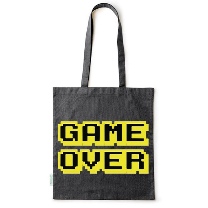 Intelli® Екологична памучна пазарска чанта Sacosa с дълги дръжки, Game Over, 38×42см, Черна, B-BDY176