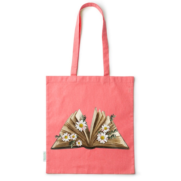 Go For It Shopper fazonú pamut táska mintával, Flowers Collection, Book With Daisy Flower, 38x42cm, Piros, R-BDY9