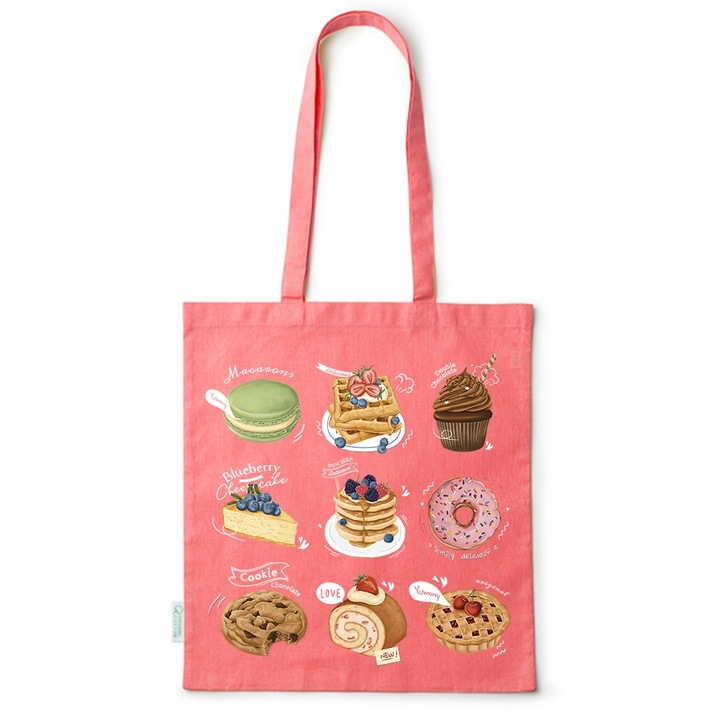 Intelli® Екологична памучна пазарска чанта Sacosa с дълги дръжки, Sweets, 38×42 см, червена, R-BDY105