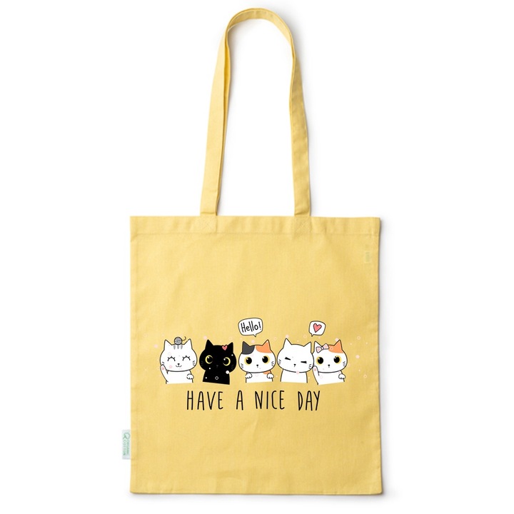 Intelli® Екологична памучна пазарска чанта Sacosa с дълги дръжки, Have A Nice Day, 38×42см, Жълт, Y-BDY76
