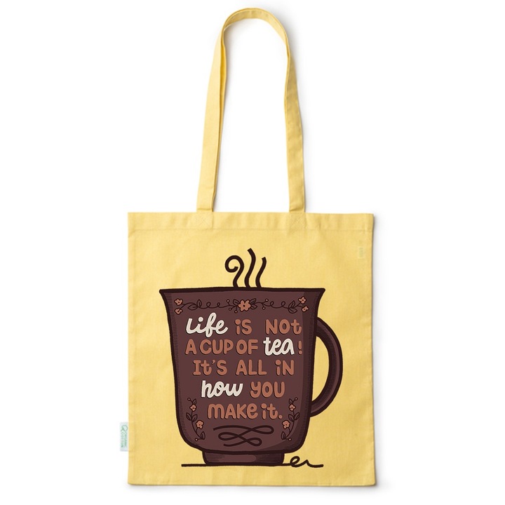 Go For It Shopper fazonú pamut táska mintával, Life is, 38×42cm, Sárga, Y-BDY36