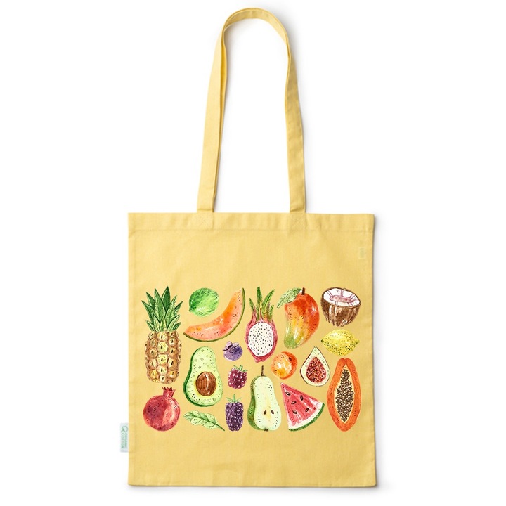 Intelli® Pamut Eco-barat taska hosszu fulekkel, Gyumolcsok, 38×42cm, Sárga, 38 x 42 cm