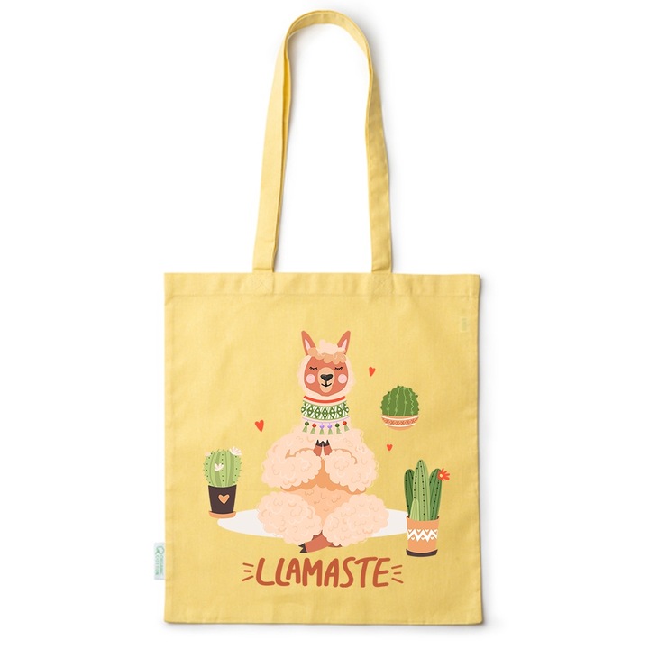 Intelli® Екологична памучна пазарска чанта Sacosa с дълги дръжки, Llamaste, 38×42см, Жълта, Y-BDY29