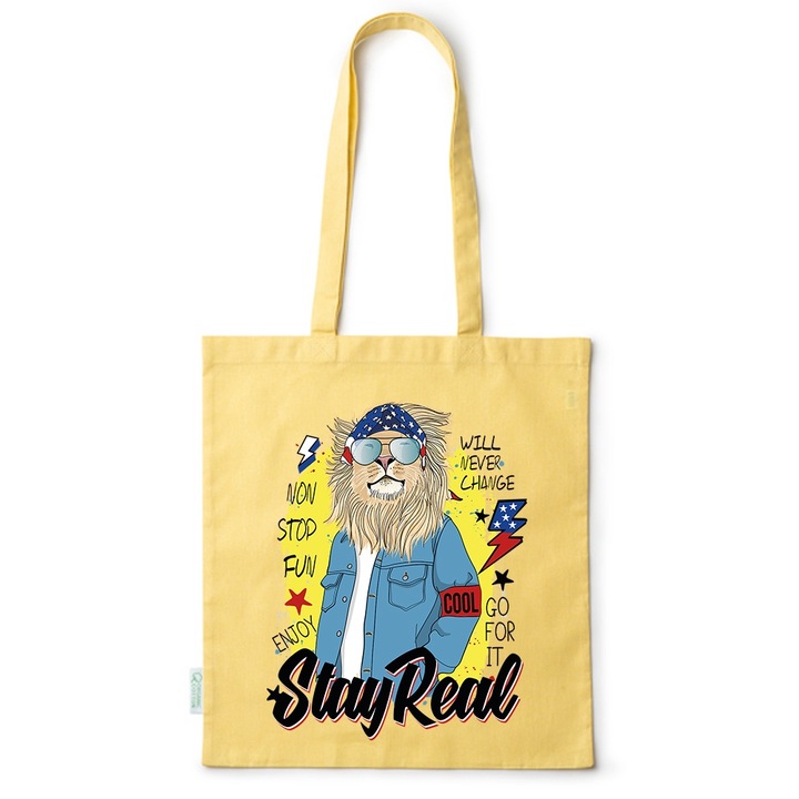 Go For It Shopper fazonú pamut táska mintával, Stay Real, 38×42cm, Sárga, Y-BDY169
