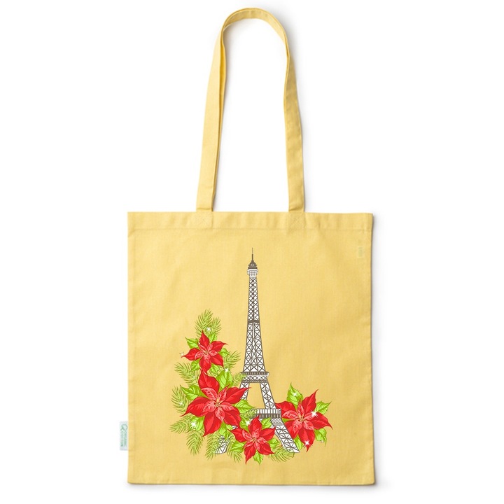 Go For It Shopper fazonú pamut táska mintával, Flowers Collection, Eiffel Tower Floral, 38x42cm, Sárga, Y-BDY7