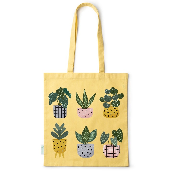 Intelli® Памучна екологична пазарска чанта Sacosa с дълги дръжки, колекция Flowers, декоративни стайни растения, 38x42 см, жълта, Y-BDY47