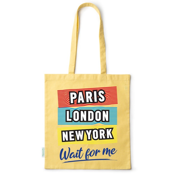 Go For It Shopper fazonú pamut táska mintával, Paris - London - New York, 38×42cm, Sárga, Y-BDY239