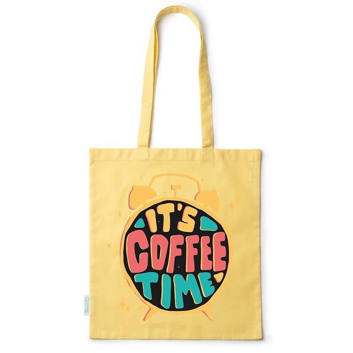 Go For It Shopper fazonú pamut táska mintával, Coffee Time, 38×42cm, Sárga, Y-BDY217
