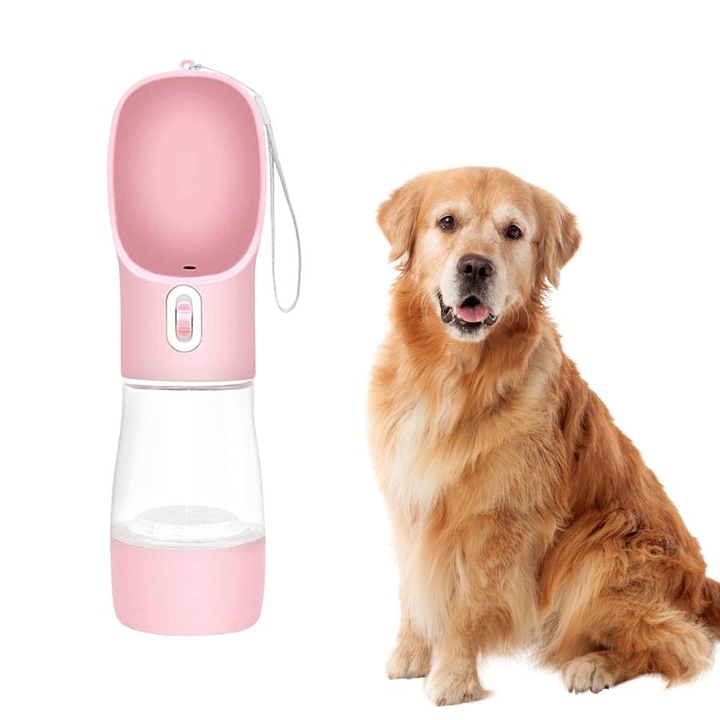 Бутилка за вода и храна 2 в 1 за домашни любимци, идеална за пътуване, 458 мл, розова