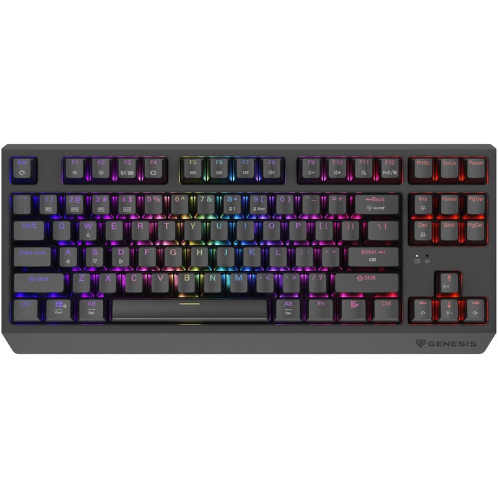 Безжична клавиатура Gaming Genesis THOR 230, Red OUTEMU Switch, Hot Swap, Bluetooth Format TKL Compact Carry-On, FULL Anti-Ghosting, Software, LED осветени клавиши, 2 допълнителни механични контакта, BT, 2.4GHZ, USB, Черен