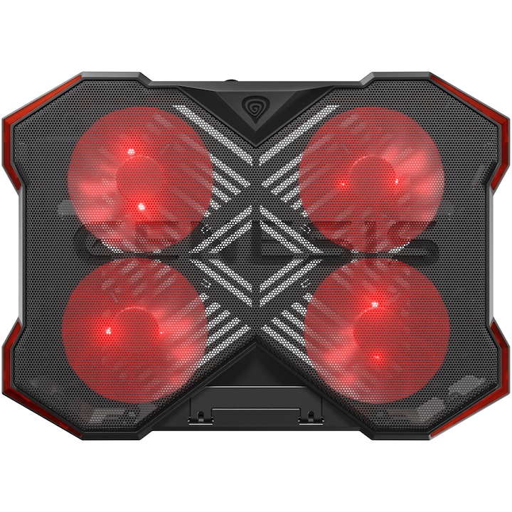 Охладител за лаптоп Genesis OXID 260, Макс. 17.3", Охладителна подложка 4 вентилатора 130 мм с регулируема скорост, Въздушен поток 60 CFM, Регулируем ъгъл 8 позиции, Допълнителен USB, Червено LED осветление, Черен