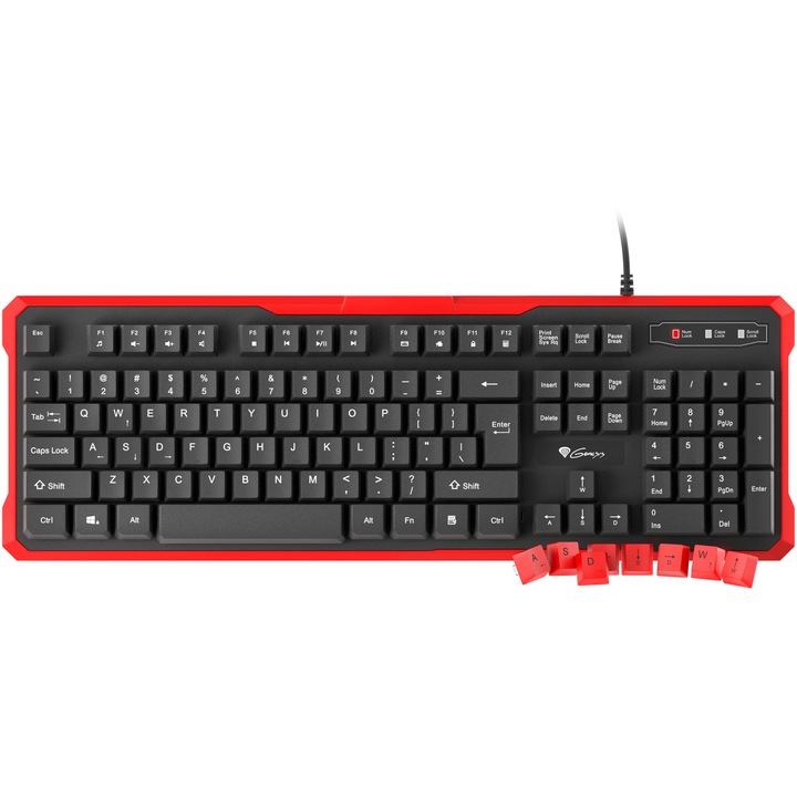 Клавиатура Gaming с кабел Genesis RHOD 110, Membrane High Profile, Full Layout US, 19 Anti-Ghosting клавиша, Конструкция против разливане, 8 допълнителни червени клавиша за игра, 1,7 м кабел, Черен/Червен