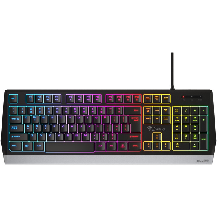 Клавиатура Gaming Genesis RHOD 300, С кабел, Високопрофилна мембрана, Full US Layout, 19 клавиша Anti-Ghosting, Anti-Spill конструкция, 1,75 м кабел, RGB подсветка, USB, Черен