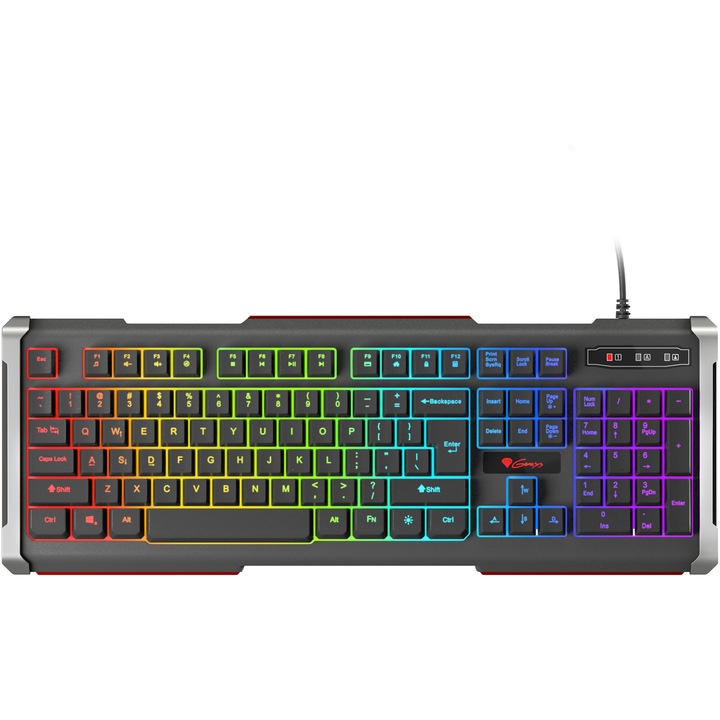 Клавиатура Gaming с кабел Genesis RHOD 400, Membrane High Profile, Full Layout US, 19 Anti-Ghosting клавиша, Конструкция против разливане, 1,8 м кабел, RGB осветление, USB, Черен