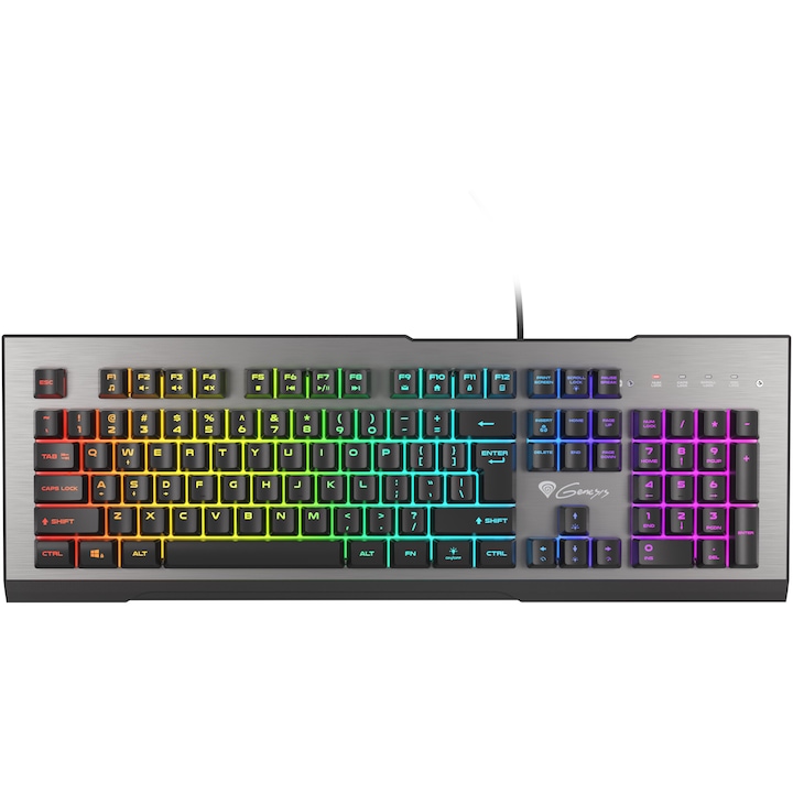 Tastatura Gaming cu fir Genesis RHOD 500, Membrane High Profile, Full Layout US, 19 Taste Anti-Ghosting, Software, Macro Record, Constructie Anti-Spill, Cablu 1.8m, Iluminare RGB LED, USB,Negru-Argintiu