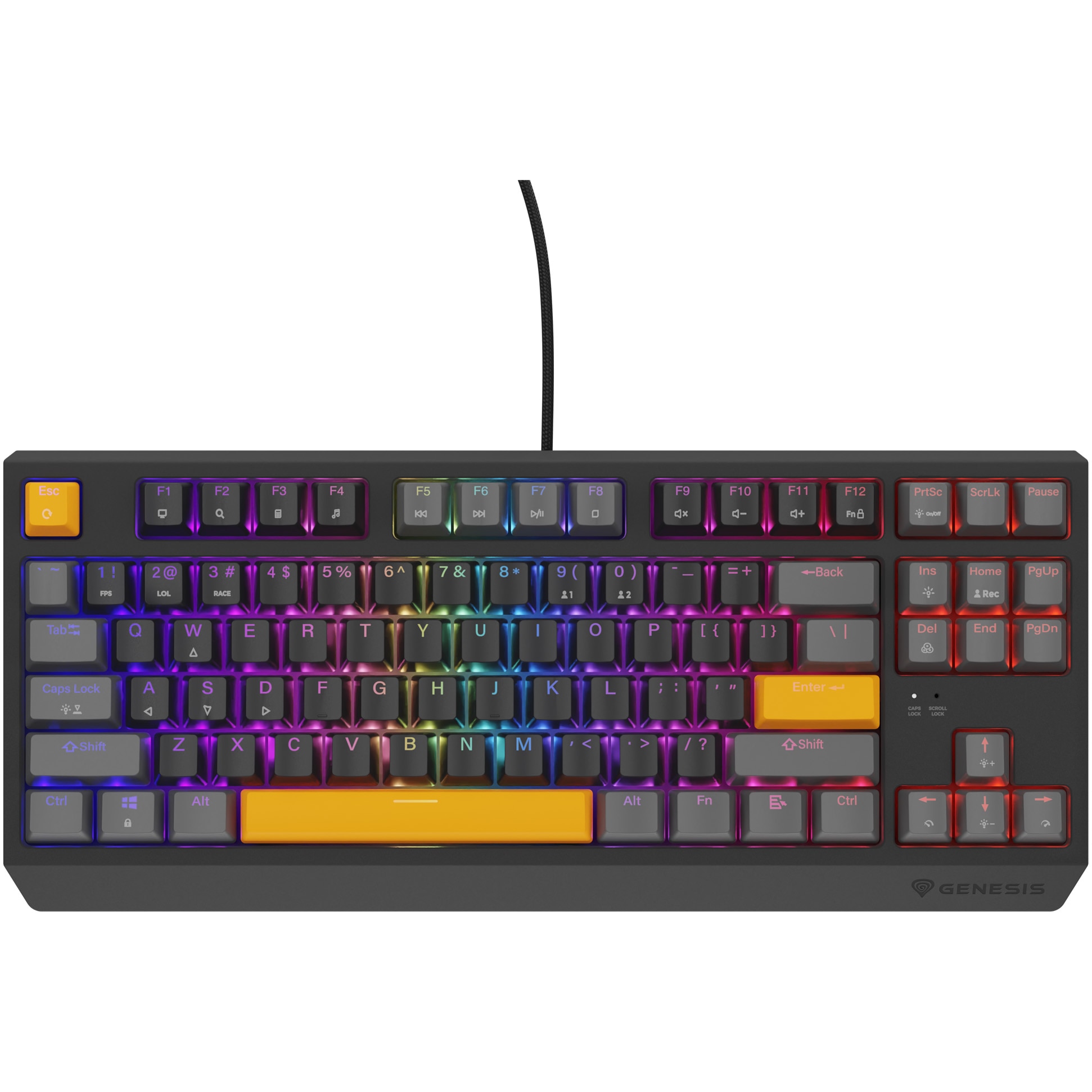 Tastatura Mecanica Gaming cu fir Genesis THOR 230, Red OUTEMU Switch, Hot Swap, Format TKL Compact Carry-On, FULL Anti-Ghosting, Software, Taste Iluminate Per-Key RGB LED, Cablu Br