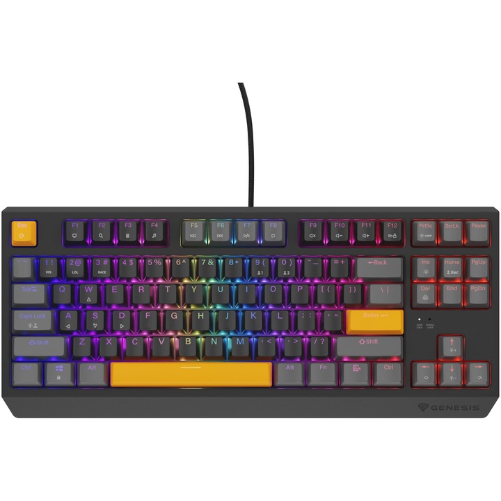 Механична клавиатура Gaming Genesis THOR 230, С кабел, Red OUTEMU Switch, Hot Swap, TKL Compact Carry-On Format, FULL Anti-Ghosting, Software, RGB LED подсветка за всеки клавиш, 1,6 м плетен кабел, 7 клав.а и 2 допълнит. мех. контакта, Grey Anchor
