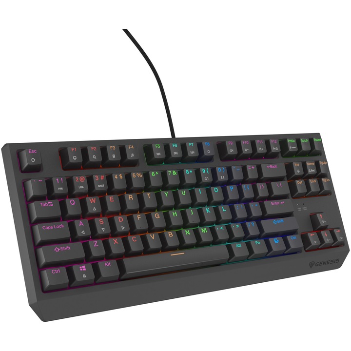 Клавиатура Gaming с кабел Genesis THOR 230 LITE, Механична, Red OUTEMU Switch, Hot Swap, Format TKL Compact Carry-On, FULL Anti-Ghosting, Software, Осветени клавиши, Плетен кабел 1,6 м, 2 механични контакта, Черен