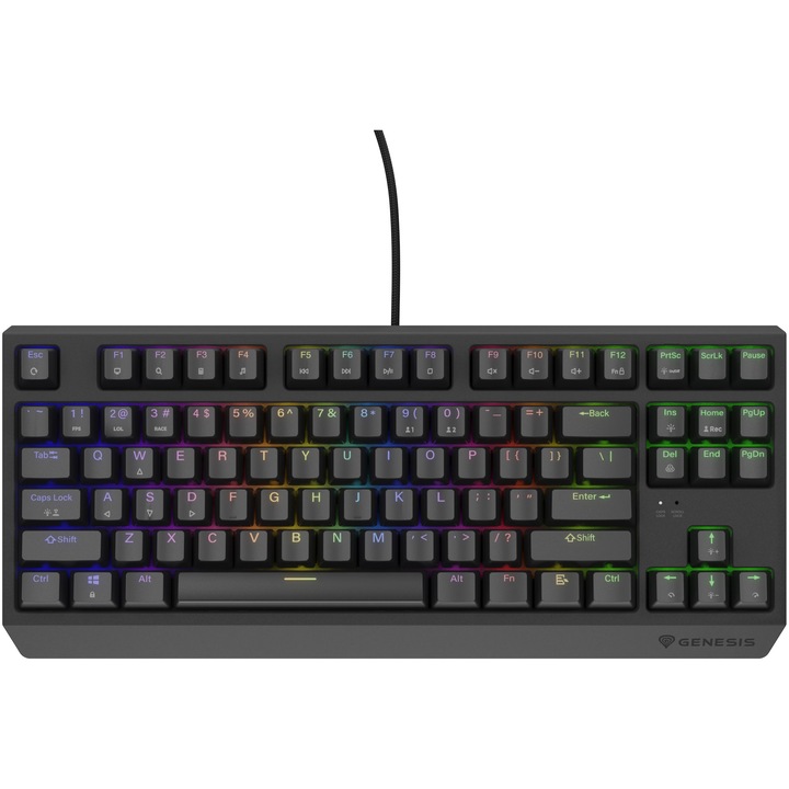 Механична клавиатура Gaming Genesis THOR 230, С кабел, Red OUTEMU Switch, Hot Swap, TKL Compact Carry-On Format, FULL Anti-Ghosting, Software, RGB LED подсветка за всеки клавиш, 1,6 м плетен кабел, 2 допълнителни механични контакта, Черен