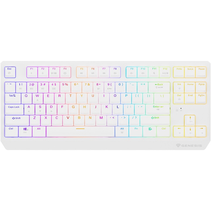 Безжична клавиатура Gaming Genesis THOR 230, Red OUTEMU Switch, Hot Swap, Bluetooth Format TKL Compact Carry-On, FULL Anti-Ghosting, Software, LED осветени клавиши, 2 допълнителни механични контакта, BT, 2.4GHZ, USB, Бял