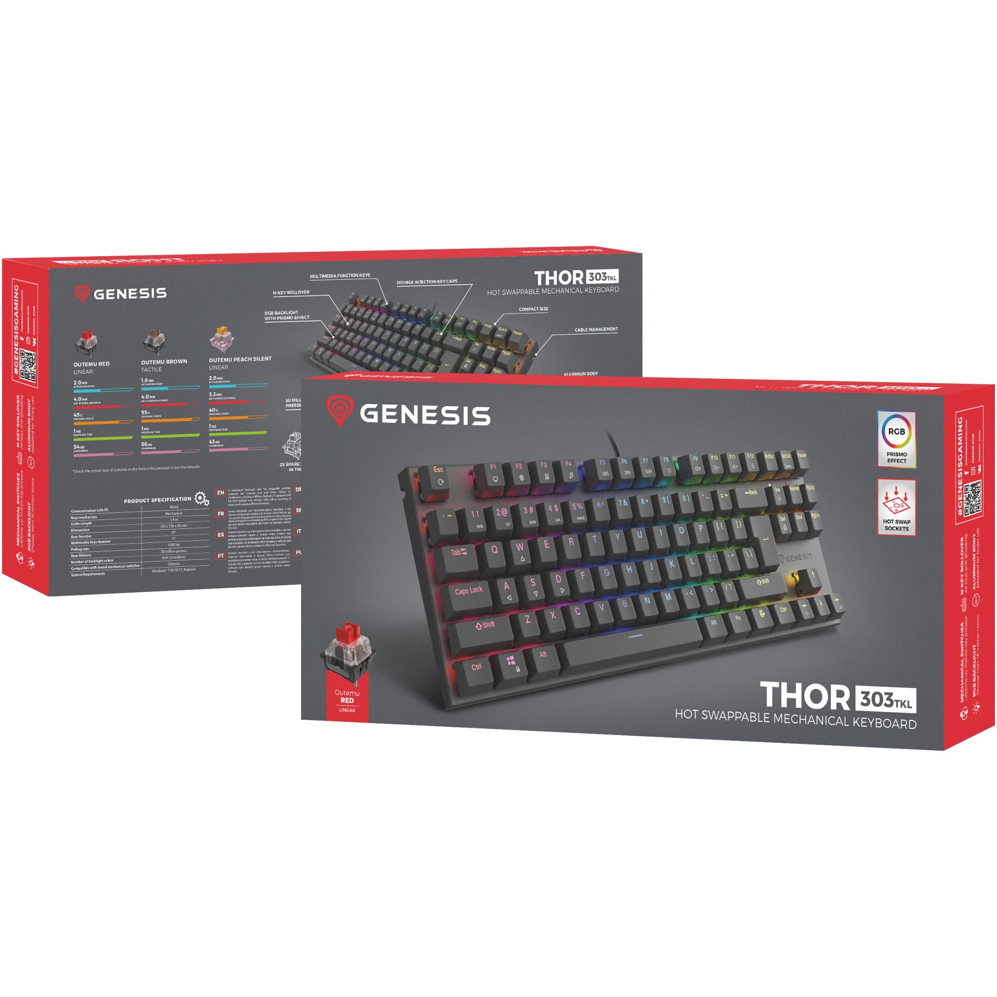 tonu_.  Tastatura Mecanica Gaming cu fir Genesis THOR 303, OUTEMU Red