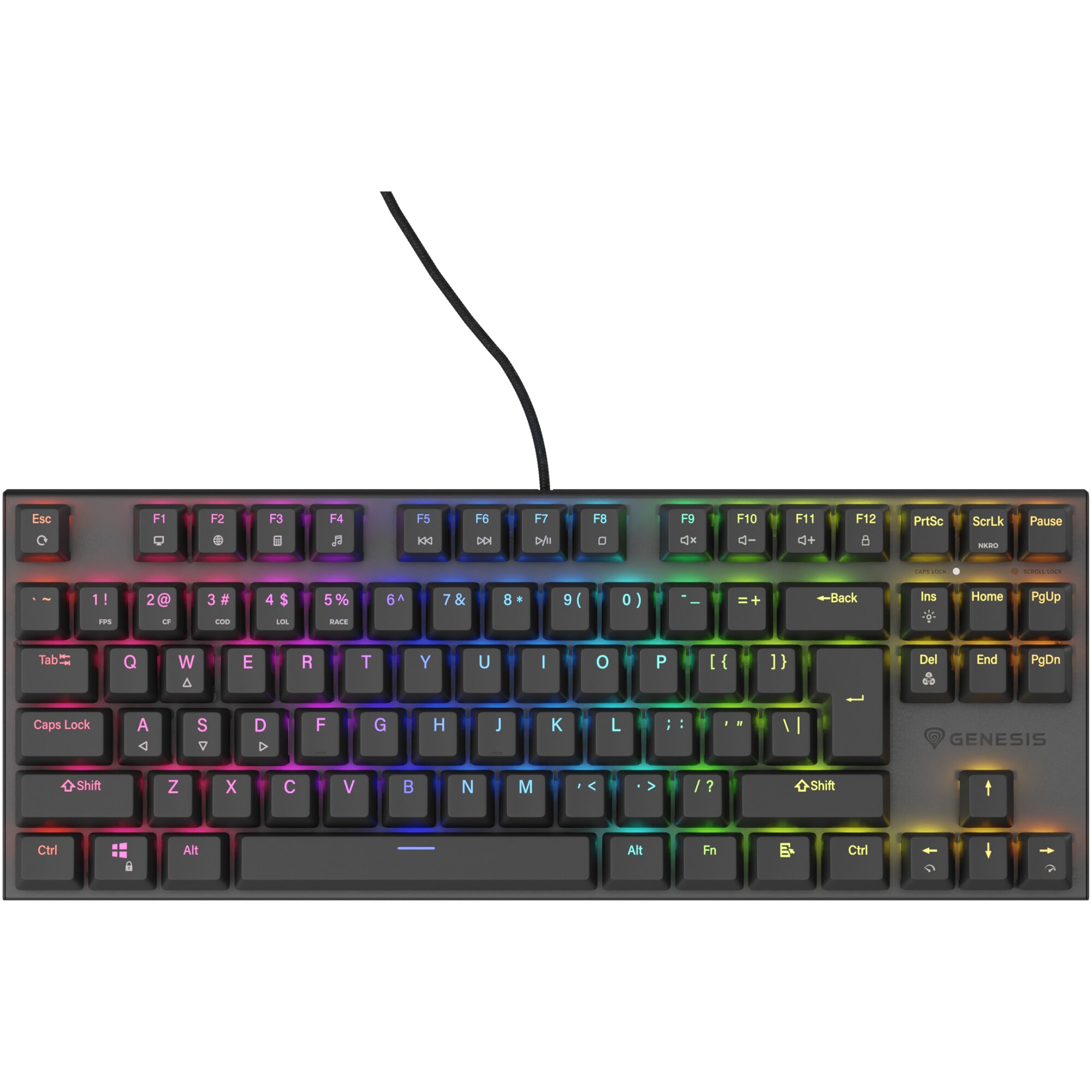 Tastatura Mecanica Gaming cu fir Genesis THOR 303, OUTEMU Red Switch, Hot Swap, Tip TKL Compact Carry-On, FULL Anti-Ghosting, Software, Taste Iluminate RGB LED, Cablu Braided 1.8m,