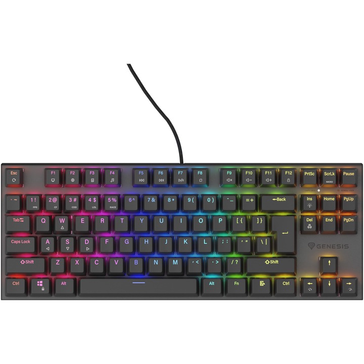 Клавиатура Gaming с кабел Genesis THOR 303, Механична, Peach Silent OUTEMU Switch, Hot Swap, Tip TKL Compact Carry-On, FULL Anti-Ghosting, Software, RGB LED осветени клавиши, 1,8 м плетен кабел, 2 допълнителни механични контакта, Алуминий, Черен