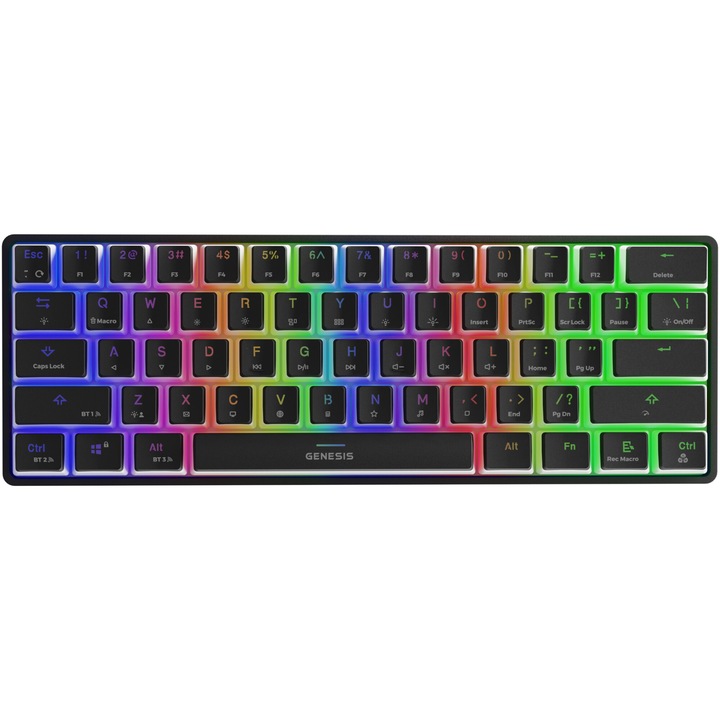 Безжична клавиатура Gaming Genesis THOR 660, Gateron Red Switch, Bluetooth Tip Compact 60% Carry-On, FULL Anti-Ghosting, Software, LED осветени клавиши, BT, USB, Черен