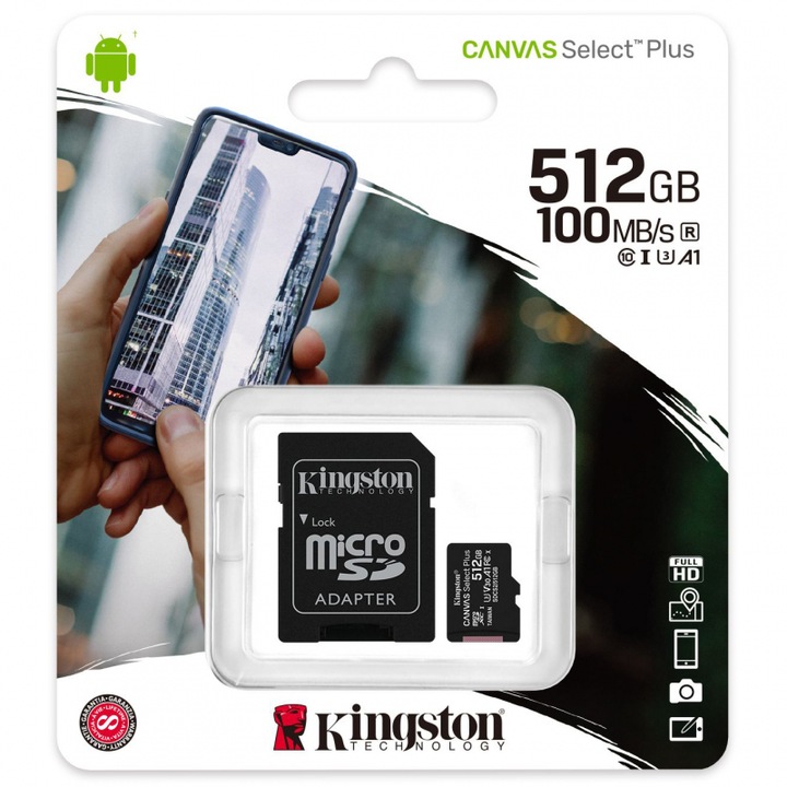 Card Memorie Kingston Canvas Select Plus, 512Gb, Clasa 10 / UHS-1 U3, Adaptor, SDCS2, Blister
