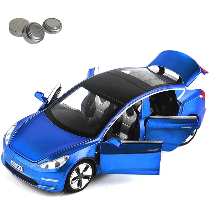 Tesla fémautó, Axroad Mall, 3-as modell, fényekkel és hangokkal, mozgatható ajtók, mozgatható motorháztető, mozgatható csomagtartó, tartós, elemmel, 1:32 méretarányú, 3 évesnél idősebb gyermekek számára, ötvözetek/műanyag, 15×7×4,5 cm, kék