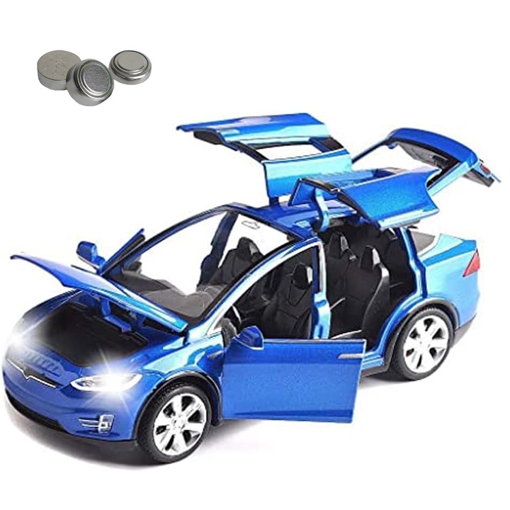 Автомобил Tesla, Axroad Mall, модел X, със светлини и звуци, подвижни врати, подвижен капак, подвижен багажник, издръжлив, с батерия, мащаб 1:32, за деца над 3 години, сплави/пластмаси, 15×7×5,5 см, синьо