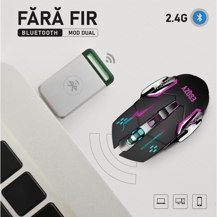 Mouse Wireless ESQZY®, Butoane Silentioase, Multi-Device, 7 butoane ...