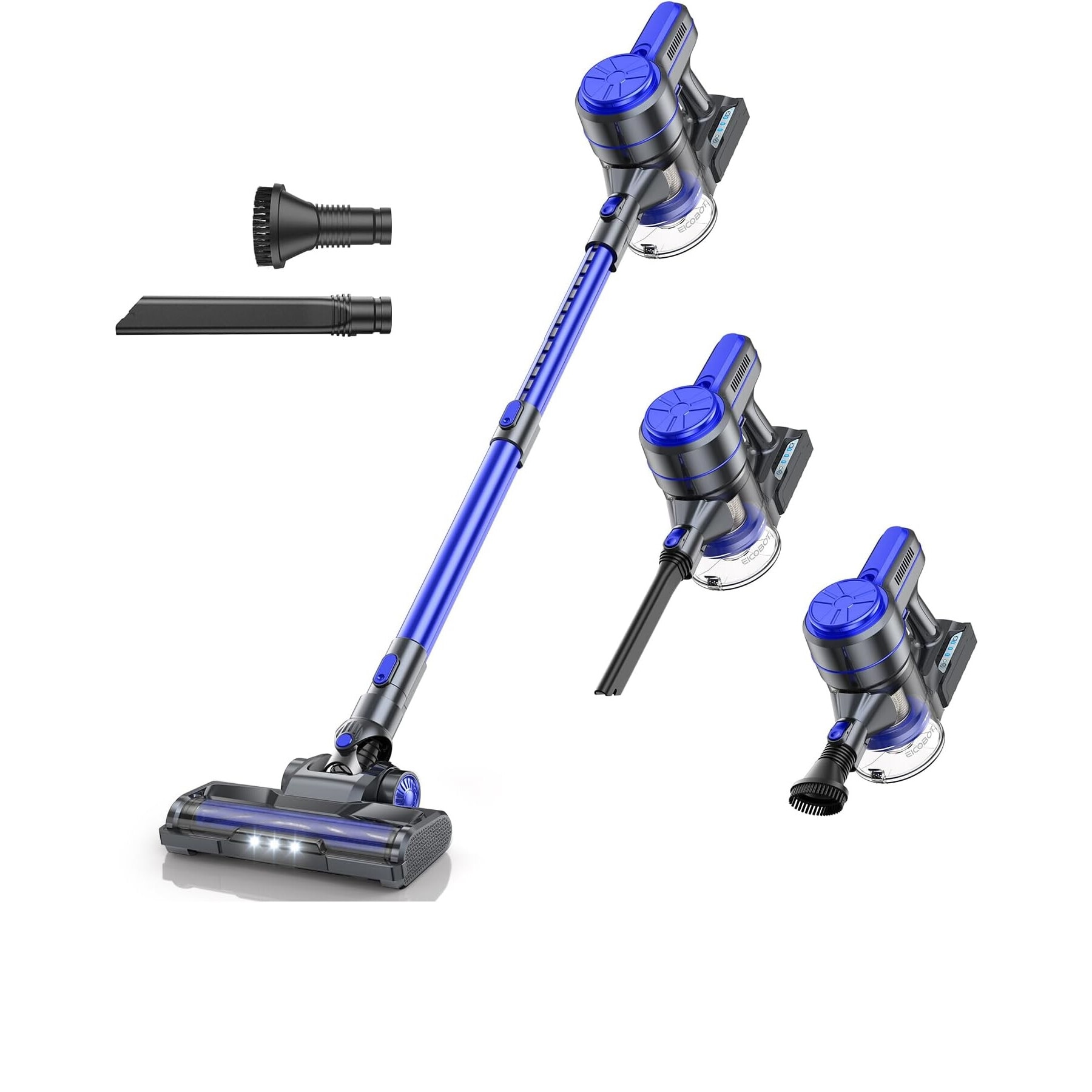 Aspirator fara fir EICOBOT A10, 6-in-1, cu putere de aspirare puternica 20Kpa, functionare autonoma timp de 30 de minute, iluminare cu LED, ideal pentru lemn de esenta tare, albastru