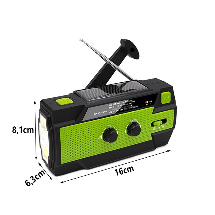 Radio solar portabil de urgenta, verde, 160x63x81mm