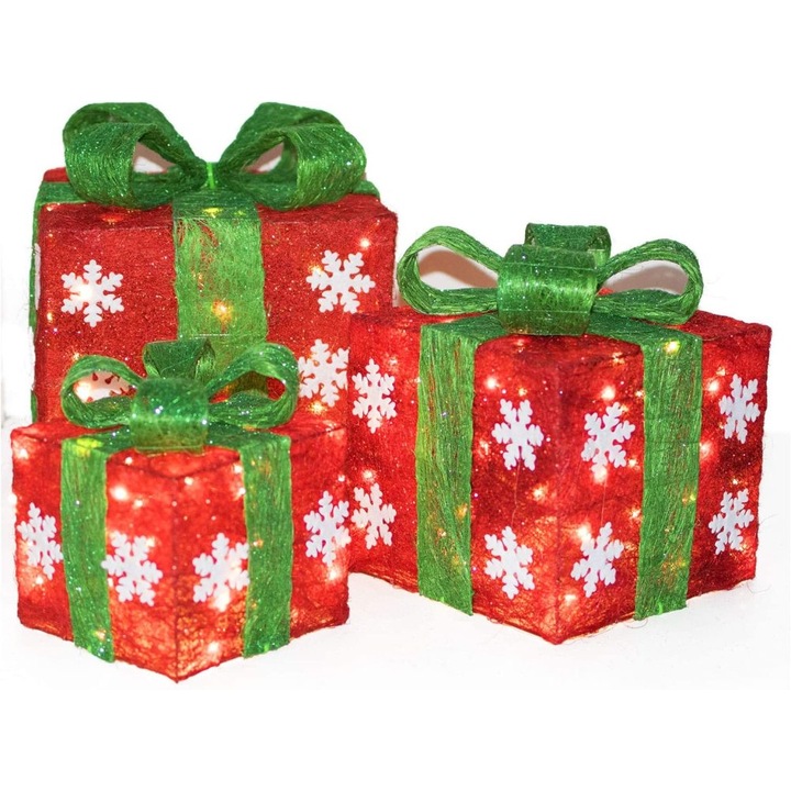 Set 3 Cutii Cadou Luminoase de Craciun, Fier, 15 x 20 x 25 cm, Multicolor