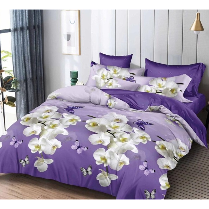 Lenjerie de pat dublu, Imprimeu Orhidee, 2 persoane, 6 piese, Finet, 220x230cm, Multicolor