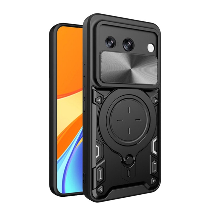 Husa de Protectie compatibila cu Google Pixel 8a, Anti-Shock Resistance, Magnet Suport Auto, Inel Rotativ, Functie Stand, Protectie camera glisanta, Negru