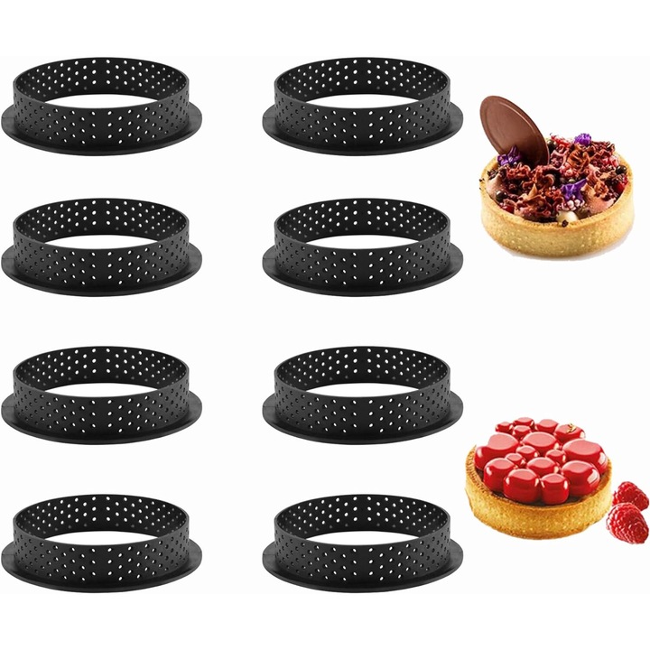Set 8 forme rotunde din inox pentru mousse, 9.5cm, cu gauri de ventilatie, negru