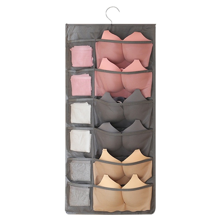 Geanta de depozitare suspendabila, 30 buzunare, Oxford si plasa, gri, rotire 360°