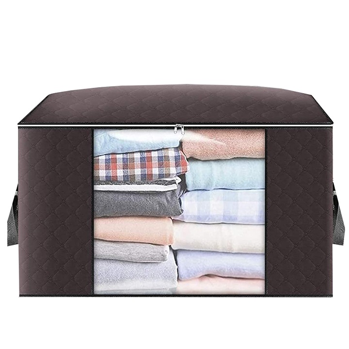 Set de Genti de Depozitare, Pliabile, Material Netesut, Fermoar, Fereastra Transparenta, Cafea