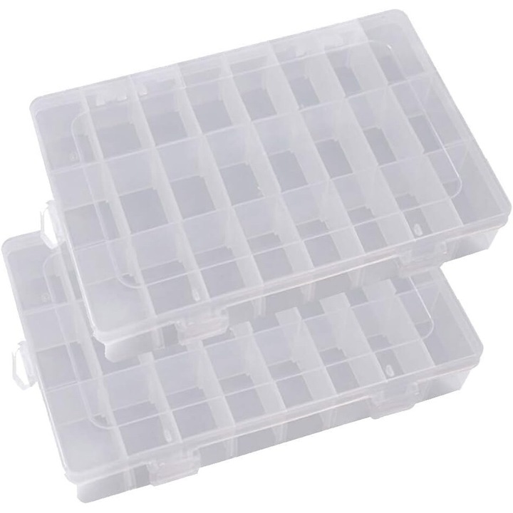 Cutie depozitare Cozevdnt, 24 compartimente, plastic transparent, cu capac, 19x13x2.2cm