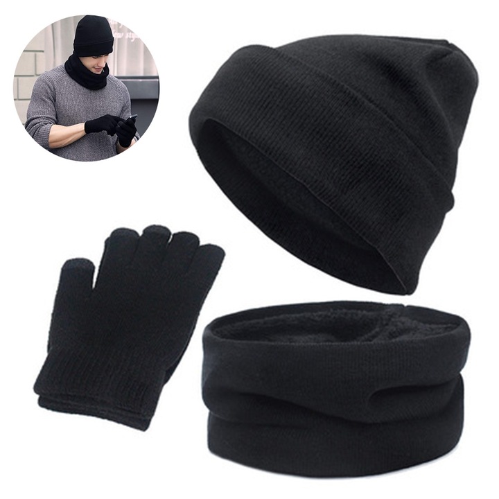 Комплект от 3 части Winter men Cozevdnt, вълна, шапка, шал, ръкавици, черен