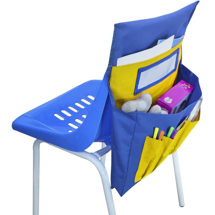 Organizator multifunctional pentru spatele scaunului, cu buzunare si eticheta de nume, galben/albastru, poliester, 61x38cm