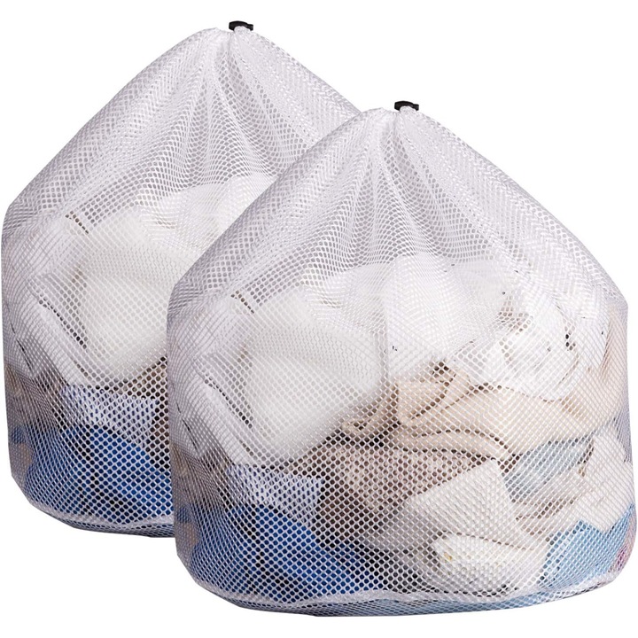 Мрежеста торба за пране, Enforose, комплект от 2 части, издръжлив материал, бяла, екстра голям размер